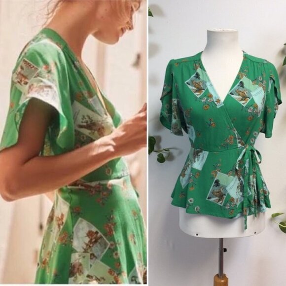 ANTHROPOLOGIE | Meadow Rue GREEN Bon Voyage Wrap Waist Tie Blouse Size 4 - Picture 2 of 7